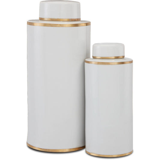 Ivory Tea Canister Set by Currey and Company in white, antique brass. Made from ceramic, brass in a eclectic & global style.