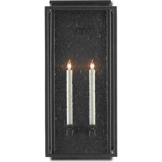 Wright Outdoor Wall Sconce by Currey and Company in midnight. Made from wrought iron, seeded glass in a transitional style.
