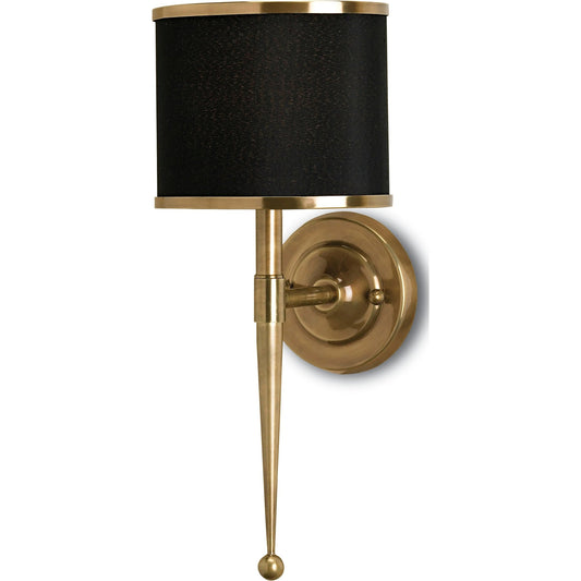 Primo Wall Sconce by Currey and Company in black and brass. Made from brass in a traditional style.