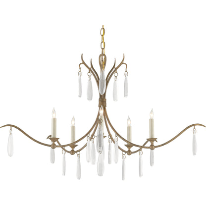 Marshallia Chandelier by Currey and Company in rustic gold, faux rock crystal. Made from wrought iron, glass in a transitional style.