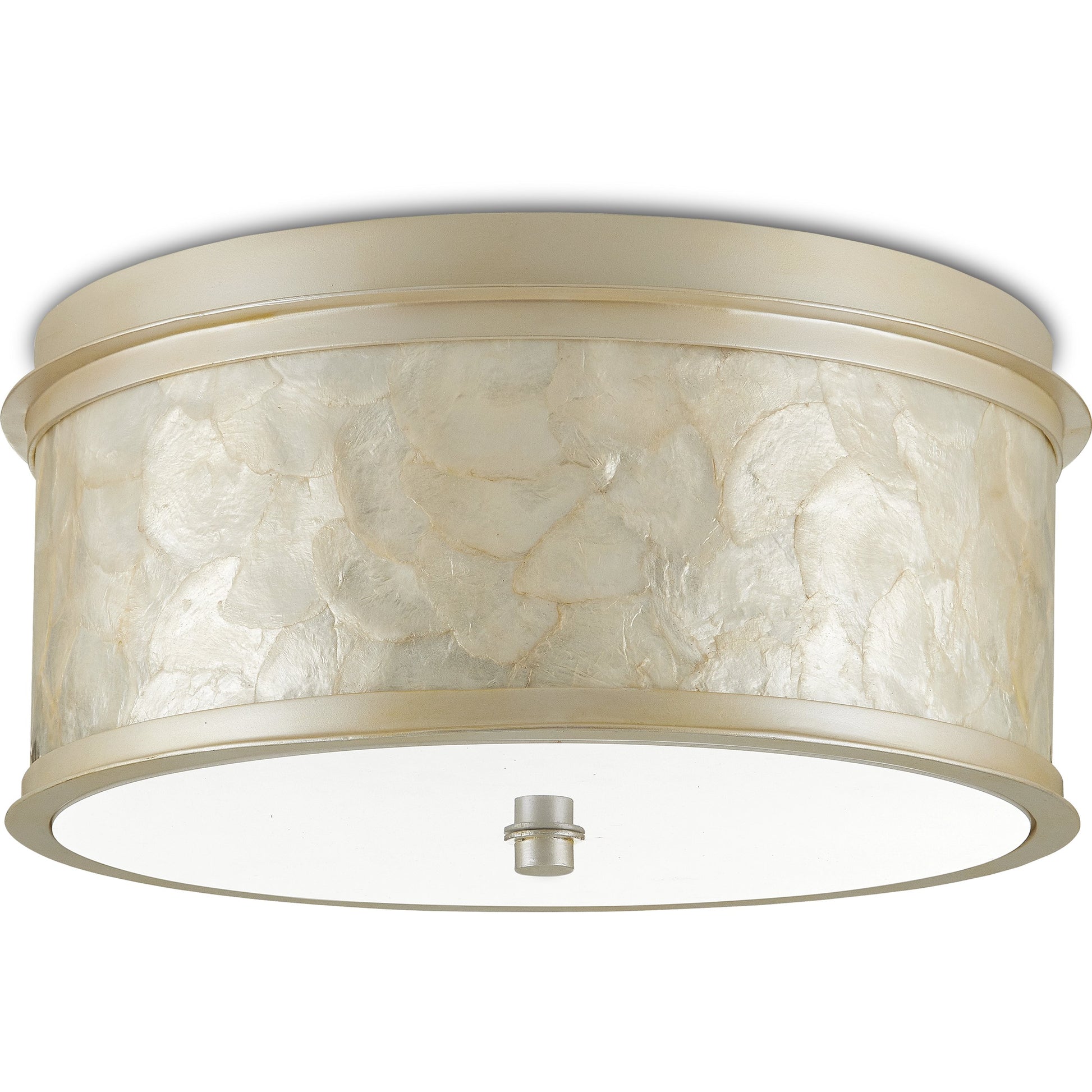 Neith Flush Mount by Currey and Company in sea pearl, natural. Made from wrought iron, capiz shell, acrylic diffuser in a transitional style.