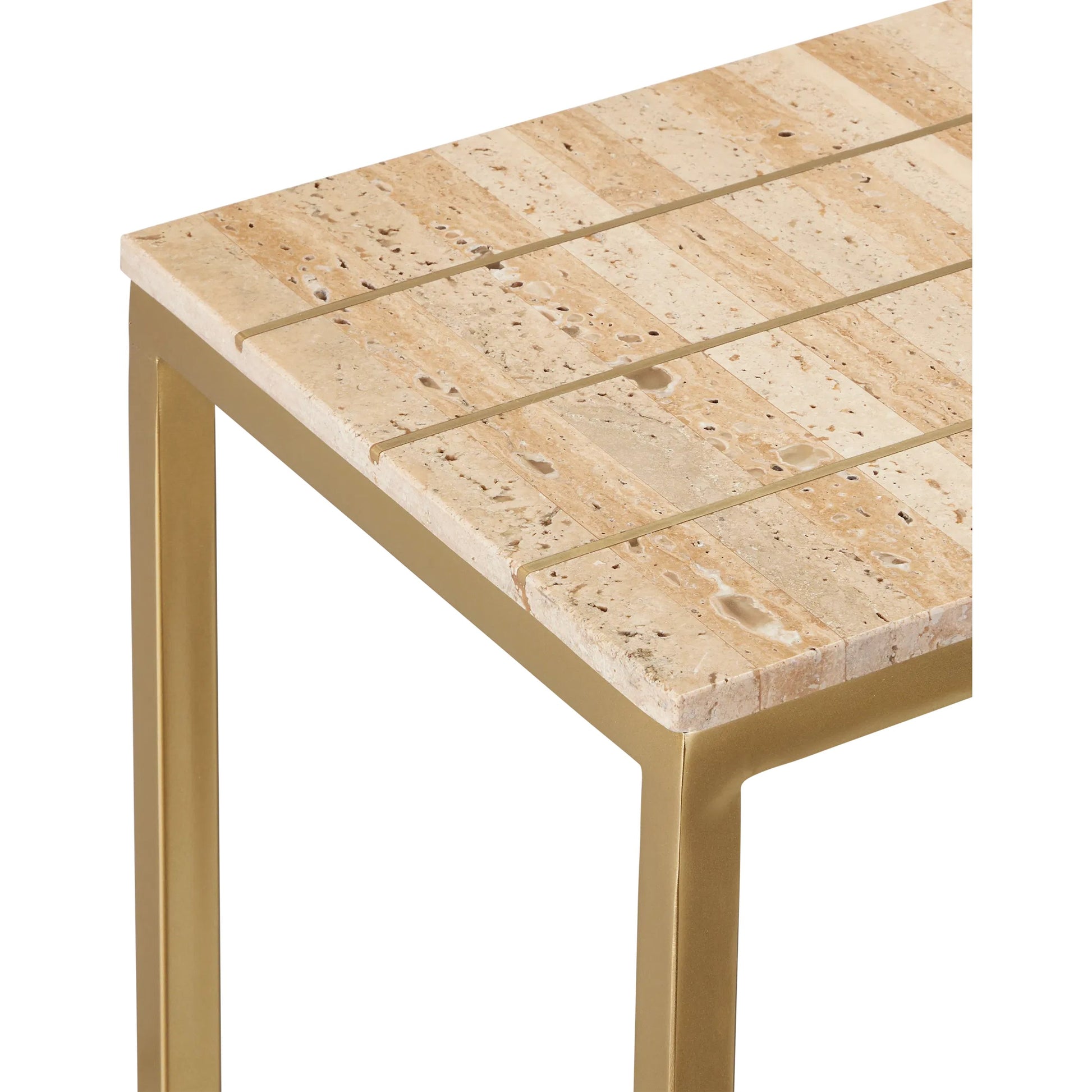 Dezi Console Table by Currey and Company in natural, brass. Made from travertine, brass, iron in a transitional style.