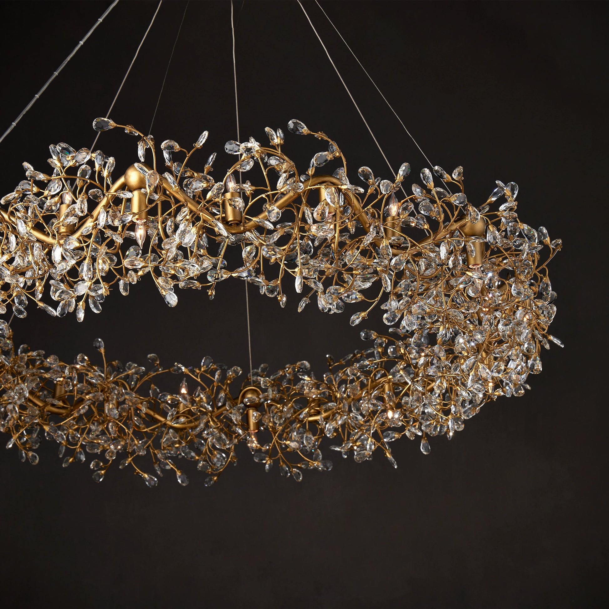 Crystal Bud Ring Chandelier by Currey and Company in clear, brass. Made from crystal, wrought iron in a modern style.