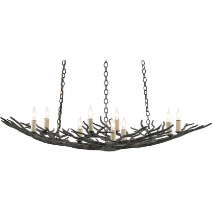 Rainforest Chandelier by Currey and Company in rustic bronze. Made from unique in a rustic style.