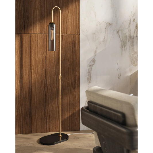 Severn Floor Lamp by Currey and Company in antique brass, oil rubbed bronze, smoke. Made from metal, glass in a modern style.