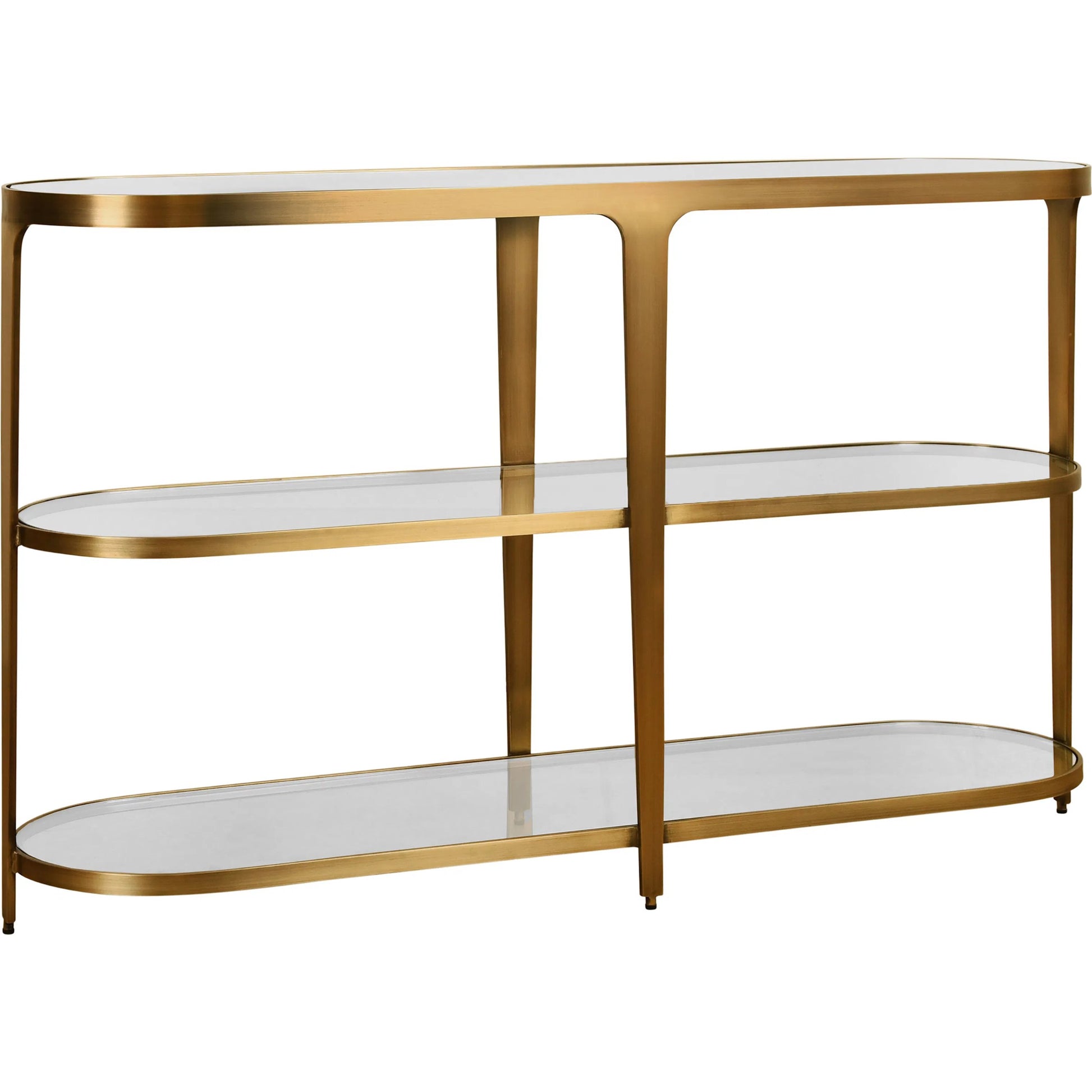 Addison Three Tier Glass Top Racetrack Console by Worlds Away in antique brass. Made from unique in a unique style.