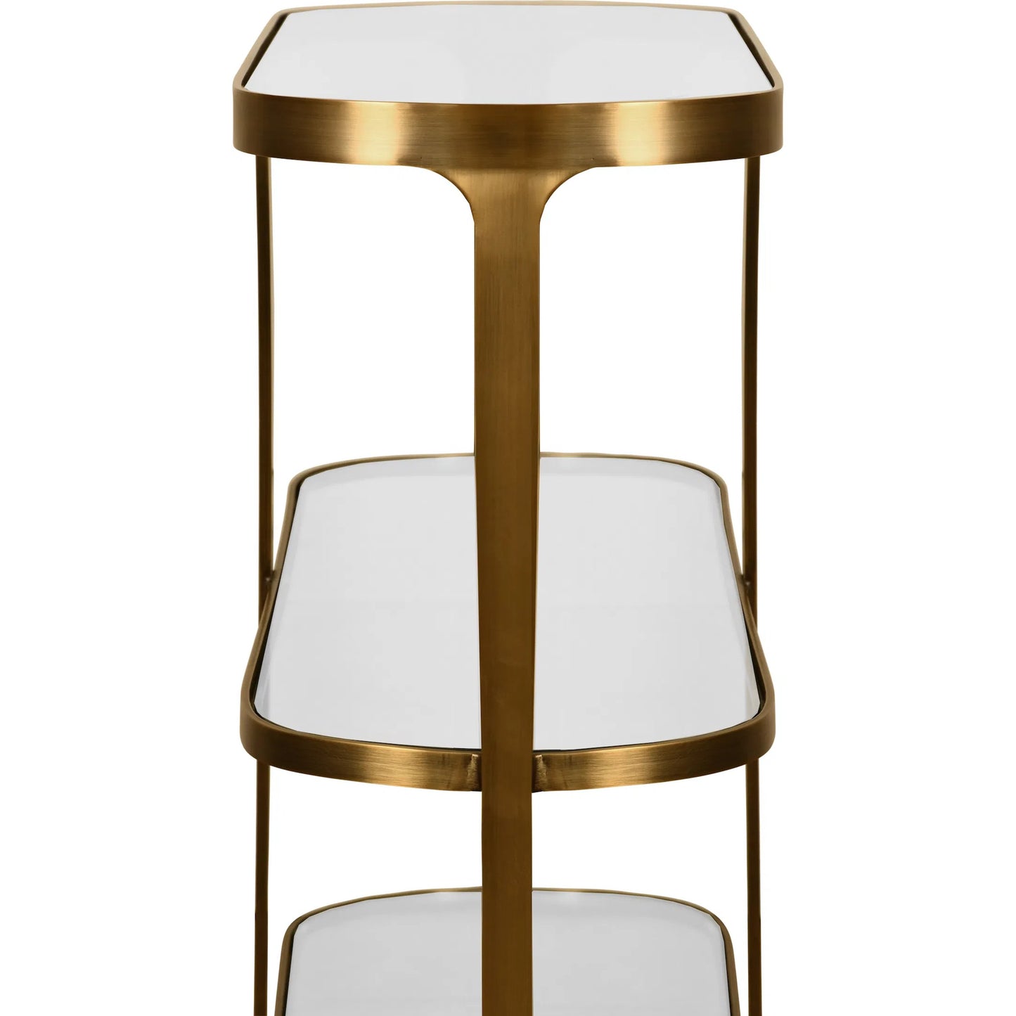 004 SI-2538630 | Closeup | Addison Three Tier Glass Top Racetrack Console by Worlds Away in antique brass. Made from unique in a unique style.