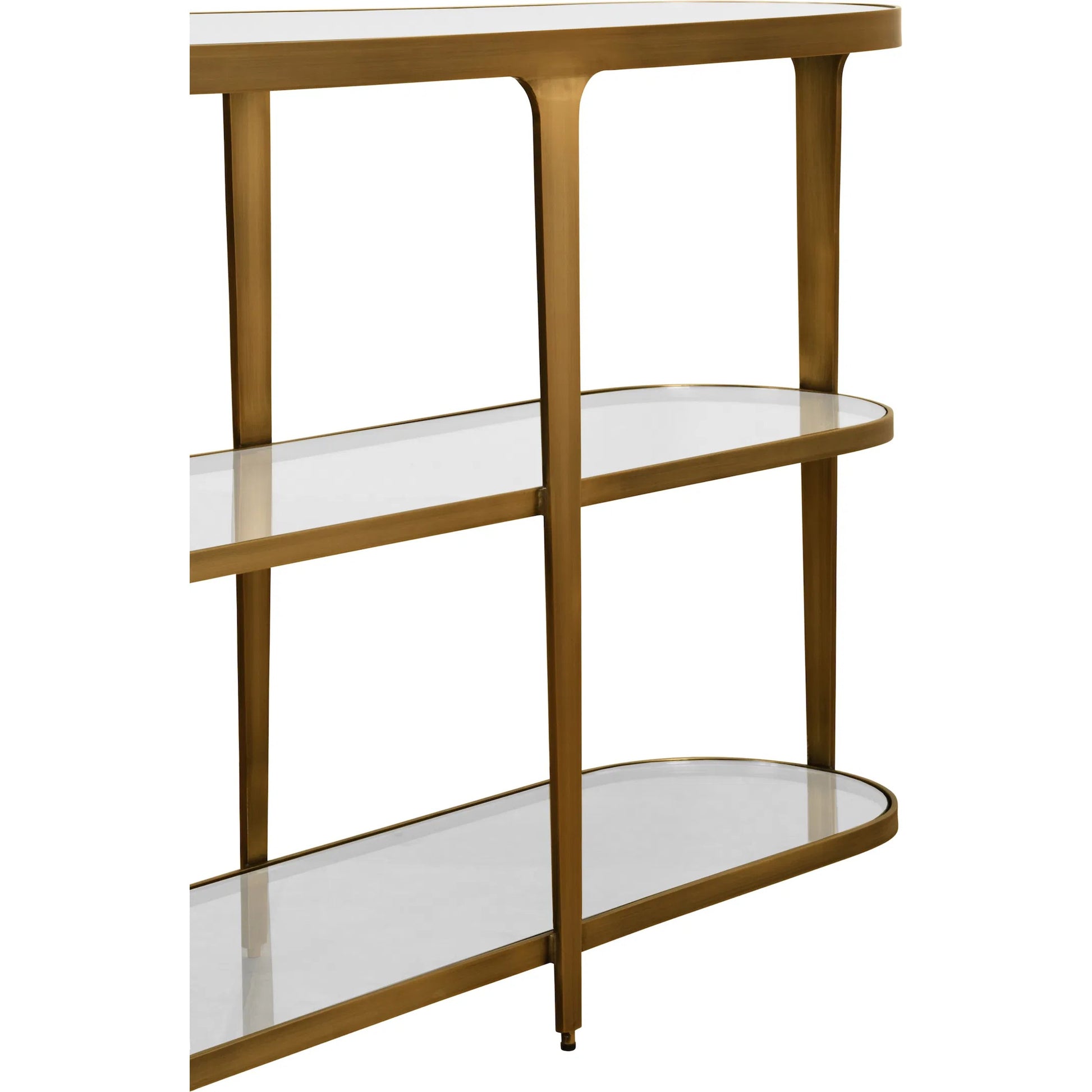 Addison Three Tier Glass Top Racetrack Console by Worlds Away in antique brass. Made from unique in a unique style.