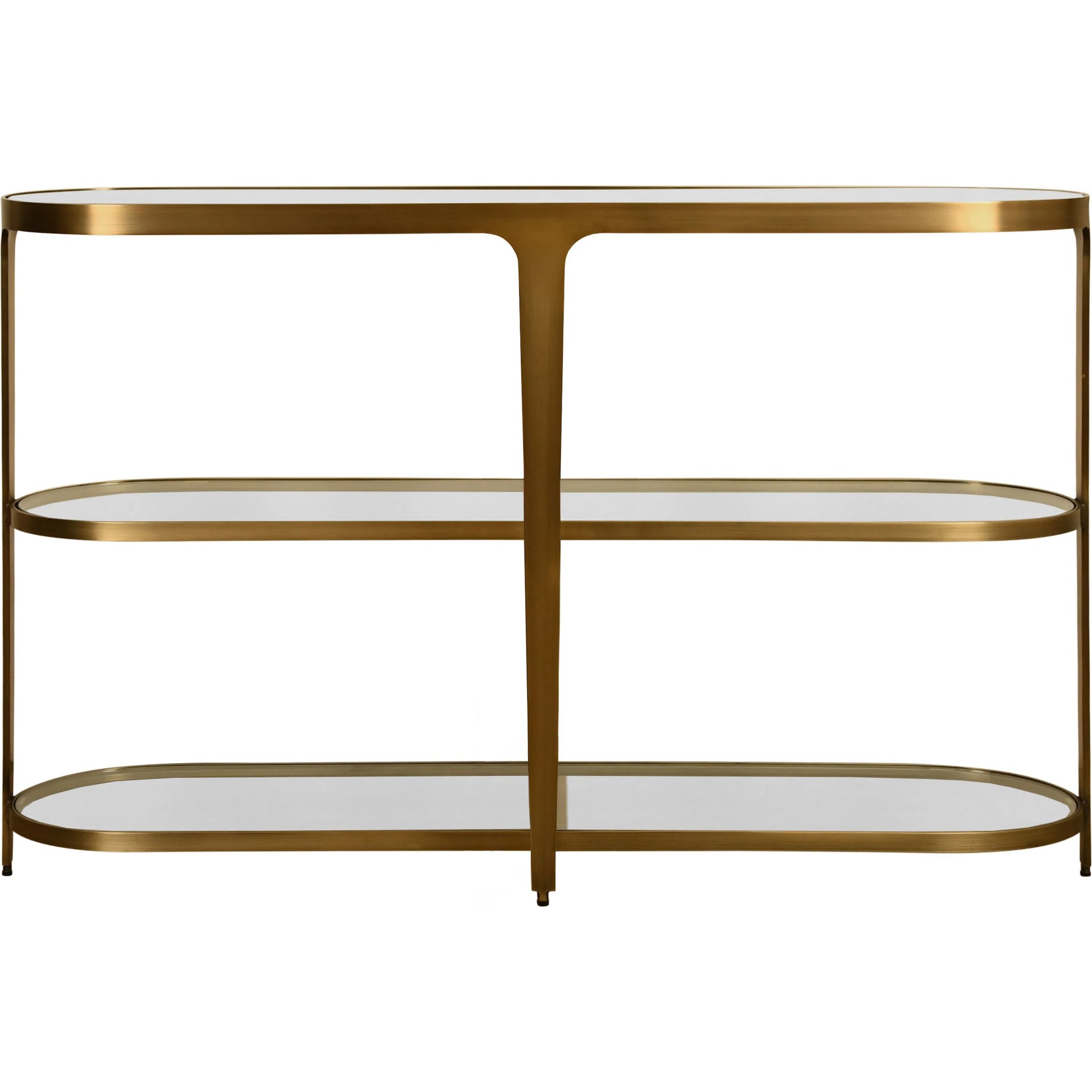 Addison Three Tier Glass Top Racetrack Console by Worlds Away in antique brass. Made from unique in a unique style.