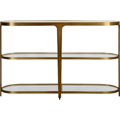 Addison Three Tier Glass Top Racetrack Console by Worlds Away in antique brass. Made from unique in a unique style.