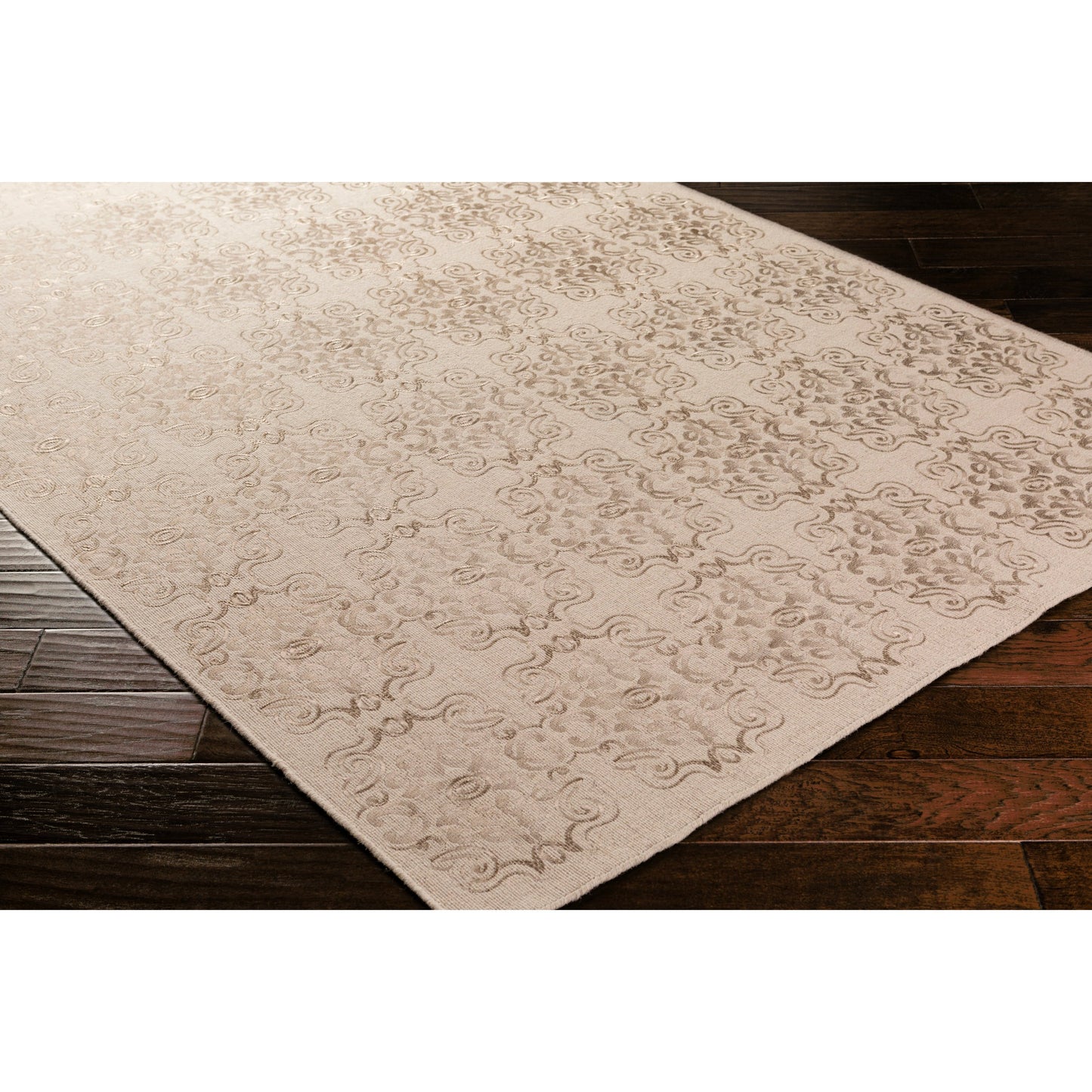 019 74194-29540 | Closeup | Adeline ADE-6000 Rug by Surya in oatmeal, taupe. Made from 60% wool, 30% viscose, 10% cotton in a unique style.