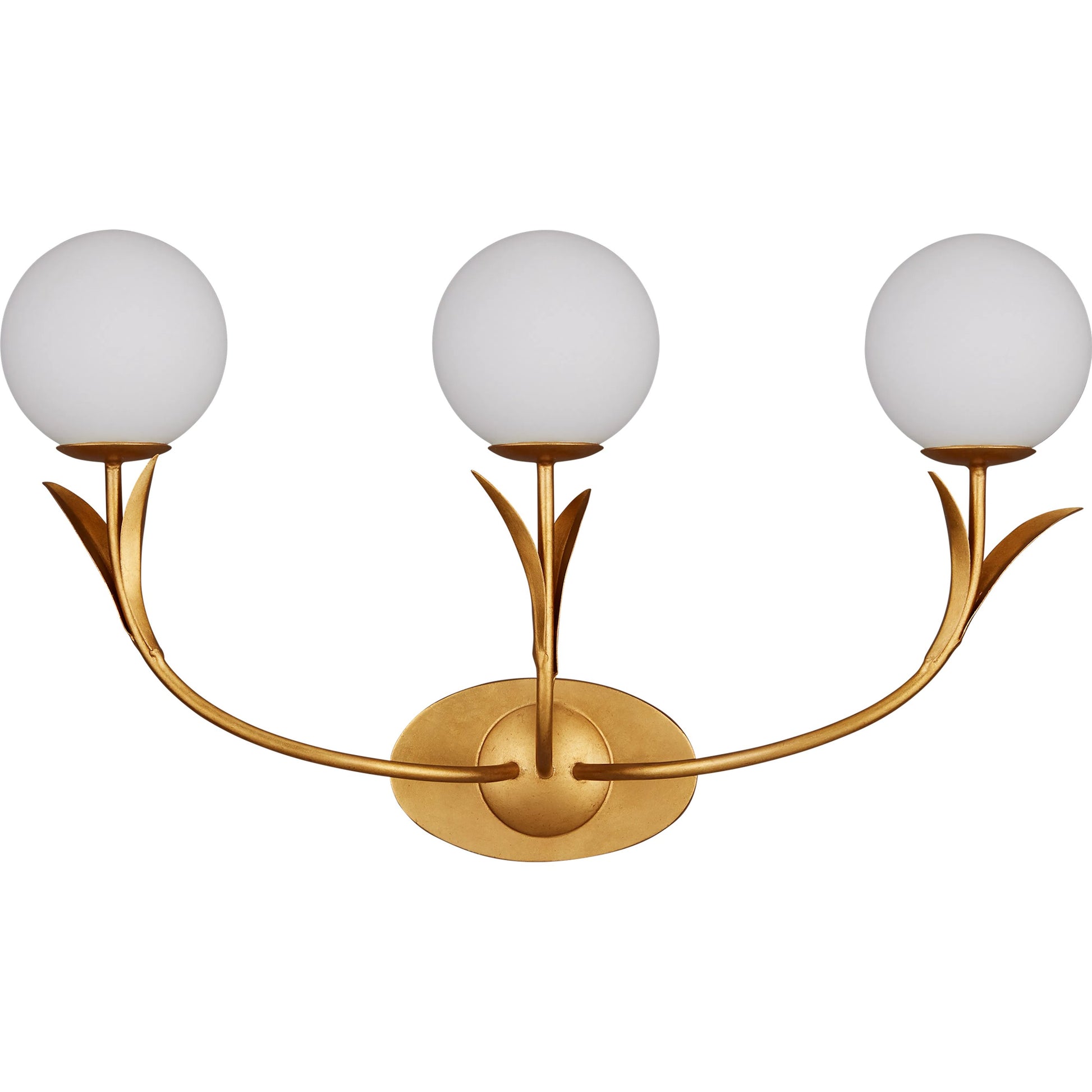 Rossville Triple-Light Wall Sconce by Currey and Company in contemporary gold leaf, sugar white, frosted white. Made from wrought iron, glass in a modern style.