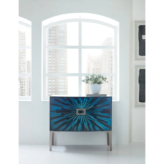 Melange Cosmic Accent Chest by Hooker Furniture in blue. Made from walnut, maple veneers with metal in a modern style.