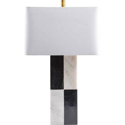 Adornia Lamp- 498952 by Surya in white, black. Made from body: marble, shade (outside): linen, shade (inside): polyester, finial: metal in a modern style.