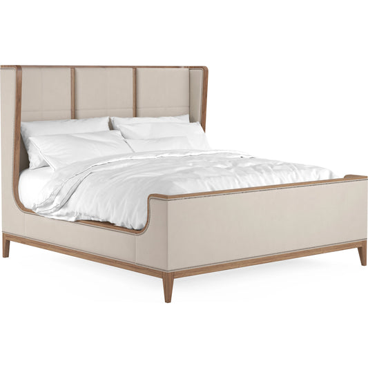Passage Upholstered Bed by A.R.T. Furniture in beige and natural oak. Made from ash solids, knotty oak veneers, foam, fabric, metal in a modern style.