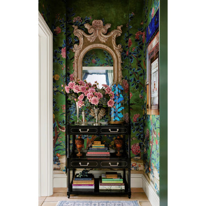 Reimagined Flux Lacquer Etagere by Jonathan Charles in lacquered black. Made from acacia in a modern style.