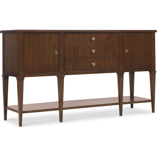 Archives Server by Hooker Furniture in dark wood and classic walnut. Made from figured quartered walnut veneer with oak veneer, silver tray, castle grey marble in a unique style.