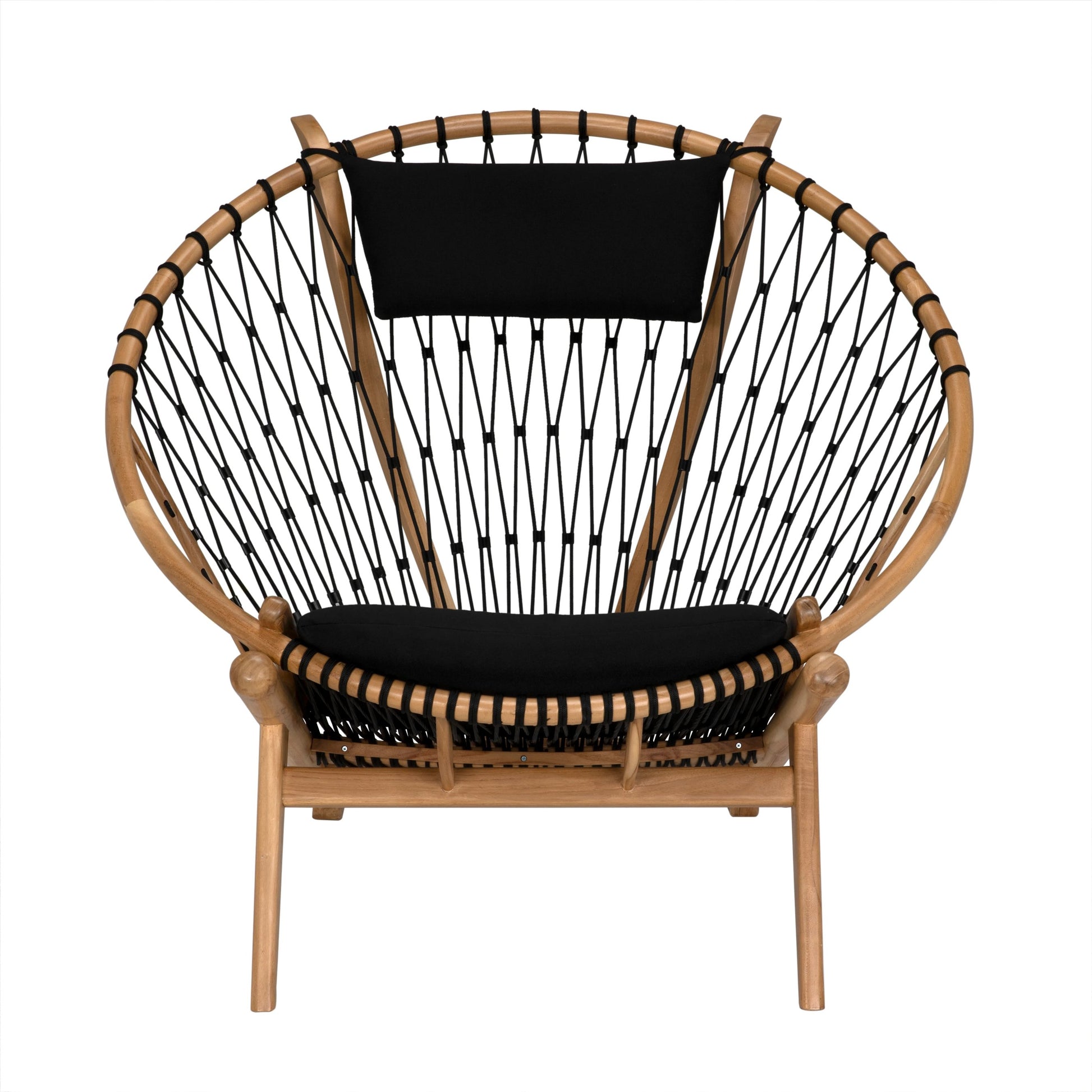 Mateo Chair by Noir in clear coat flat. Made from teak, rope, and black cotton in a coastal style.