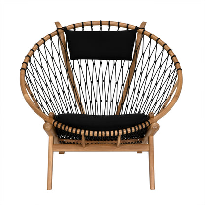 Mateo Chair by Noir in clear coat flat. Made from teak, rope, and black cotton in a coastal style.
