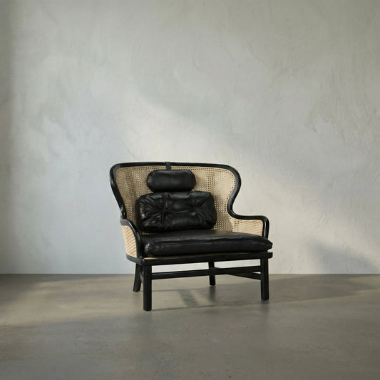 Marabu Chair by Noir in charcoal black. Made from sungkai, leather, caning in a modern style.
