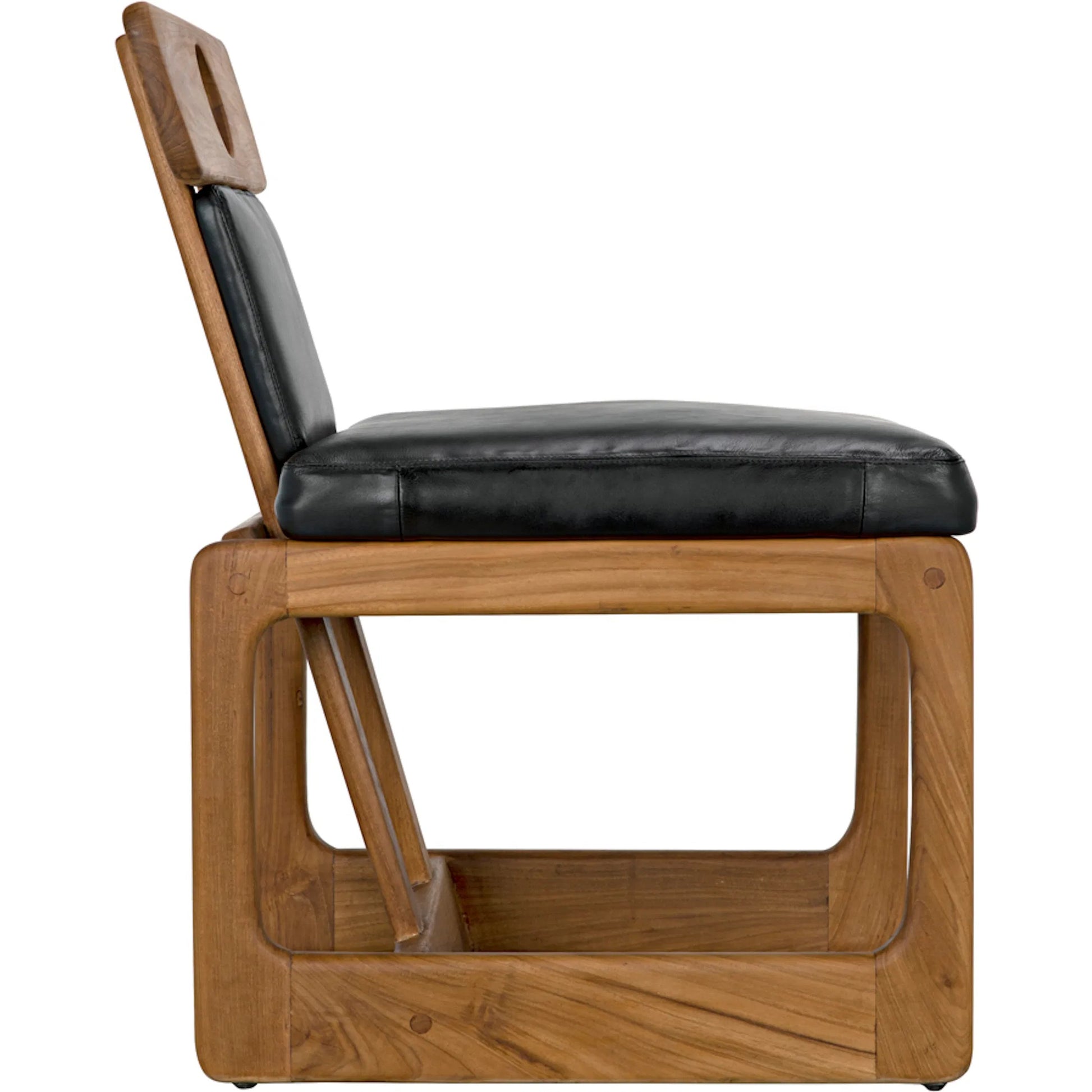 Buraco Dining Chair by Noir in clear coat gloss teak. Made from teak and black leather in a modern style.