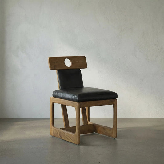 Buraco Dining Chair by Noir in clear coat gloss teak. Made from teak and black leather in a modern style.