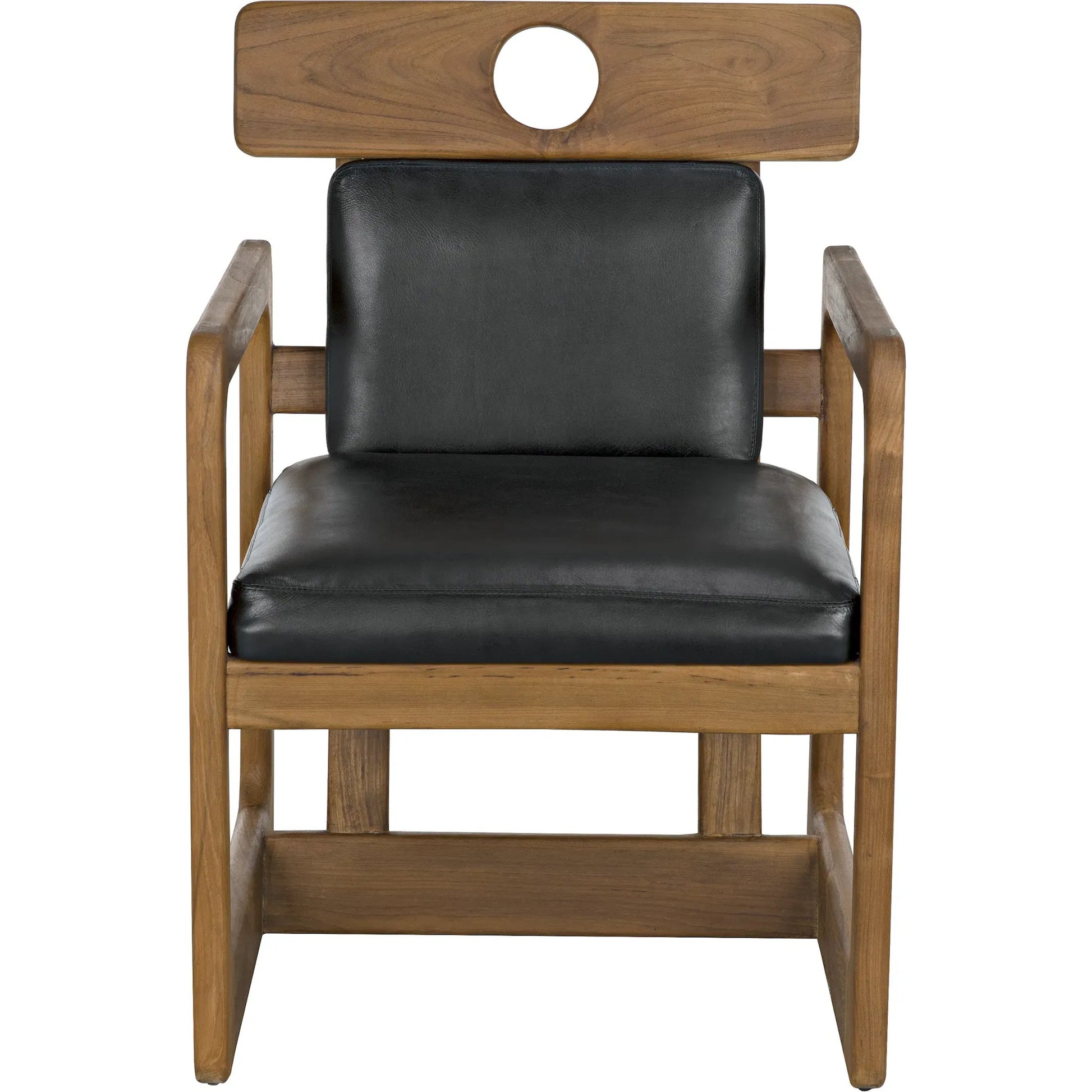 Buraco Arm Chair by Noir in clear coat gloss teak. Made from teak and black leather in a modern style.
