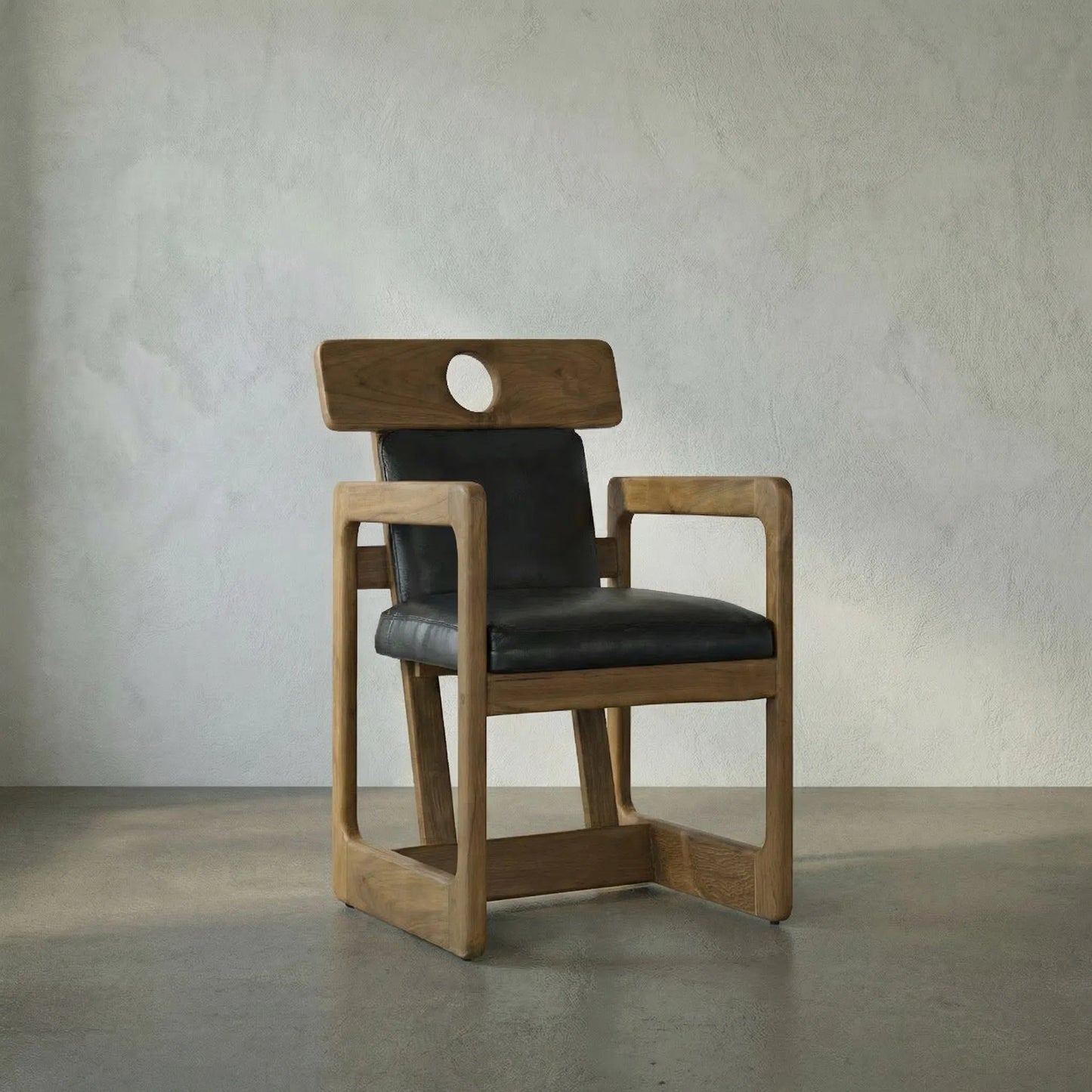 012 SI-1956821 | Lifestyle | Buraco Arm Chair by Noir in clear coat gloss teak. Made from teak and black leather in a modern style.