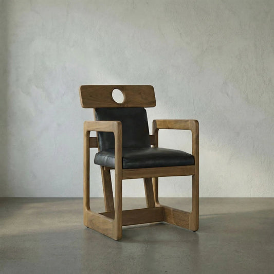 Buraco Arm Chair by Noir in clear coat gloss teak. Made from teak and black leather in a modern style.
