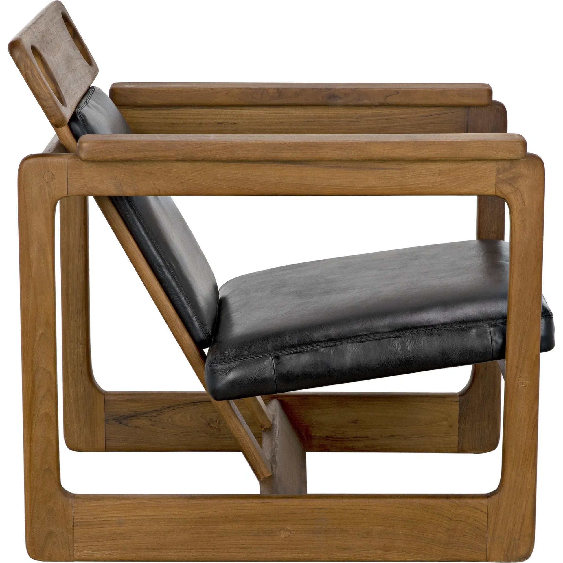 Buraco Relax Chair by Noir in clear coat gloss teak. Made from teak and black leather in a modern style.