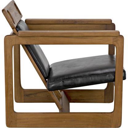 Buraco Relax Chair by Noir in clear coat gloss teak. Made from teak and black leather in a modern style.