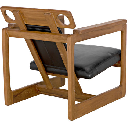 Buraco Relax Chair by Noir in clear coat gloss teak. Made from teak and black leather in a modern style.
