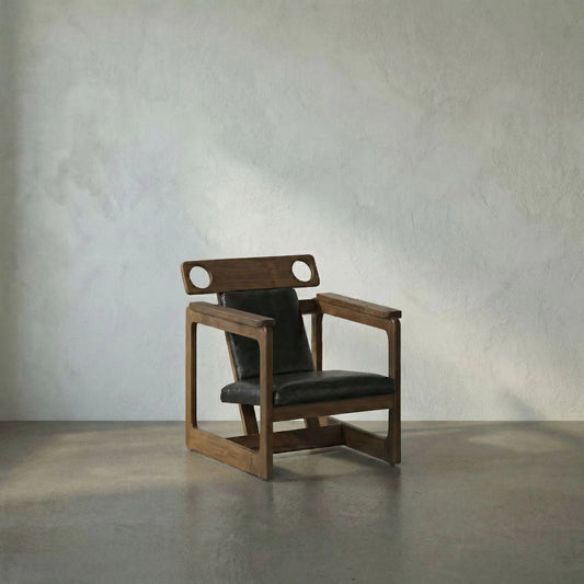 Buraco Relax Chair by Noir in clear coat gloss teak. Made from teak and black leather in a modern style.