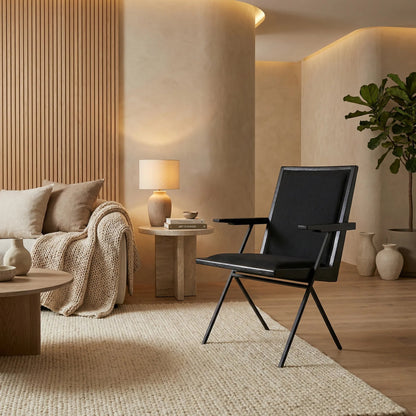 Henderson Chair by Noir in charcoal black. Made from sungkai, industrial steel and fabric in a modern style.