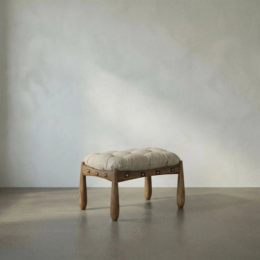 Dante Stool by Noir in wrangler mushroom and clear coat satin. Made from teak in a traditional style.