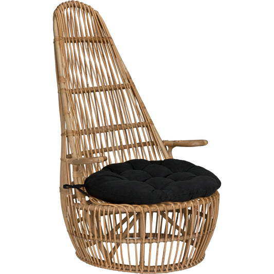 Clementine Chair by Noir in clear coat flat. Made from rattan and black cotton in a cottage & farmhouse style.