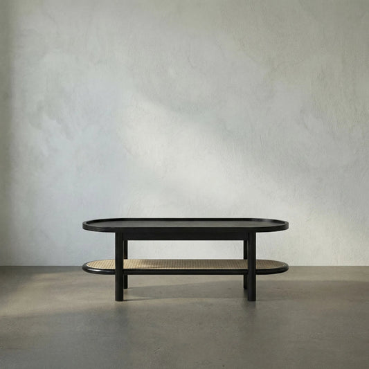 Amore Coffee Table by Noir in charcoal black. Made from sungkai with caning in a cottage & farmhouse style.