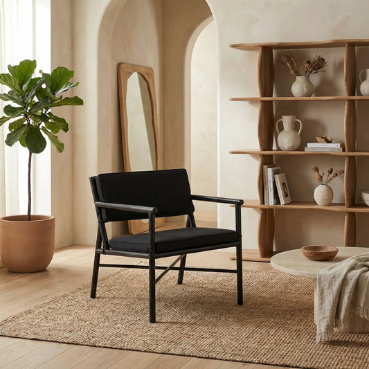 Camworth Chair by Noir in charcoal black. Made from sungkai and black cotton in a modern style.