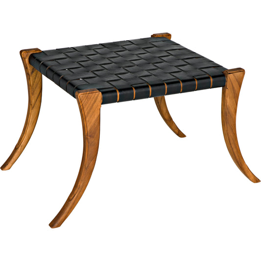 Sparti Stool by Noir in clear coat flat. Made from teak and black leather in a modern style.