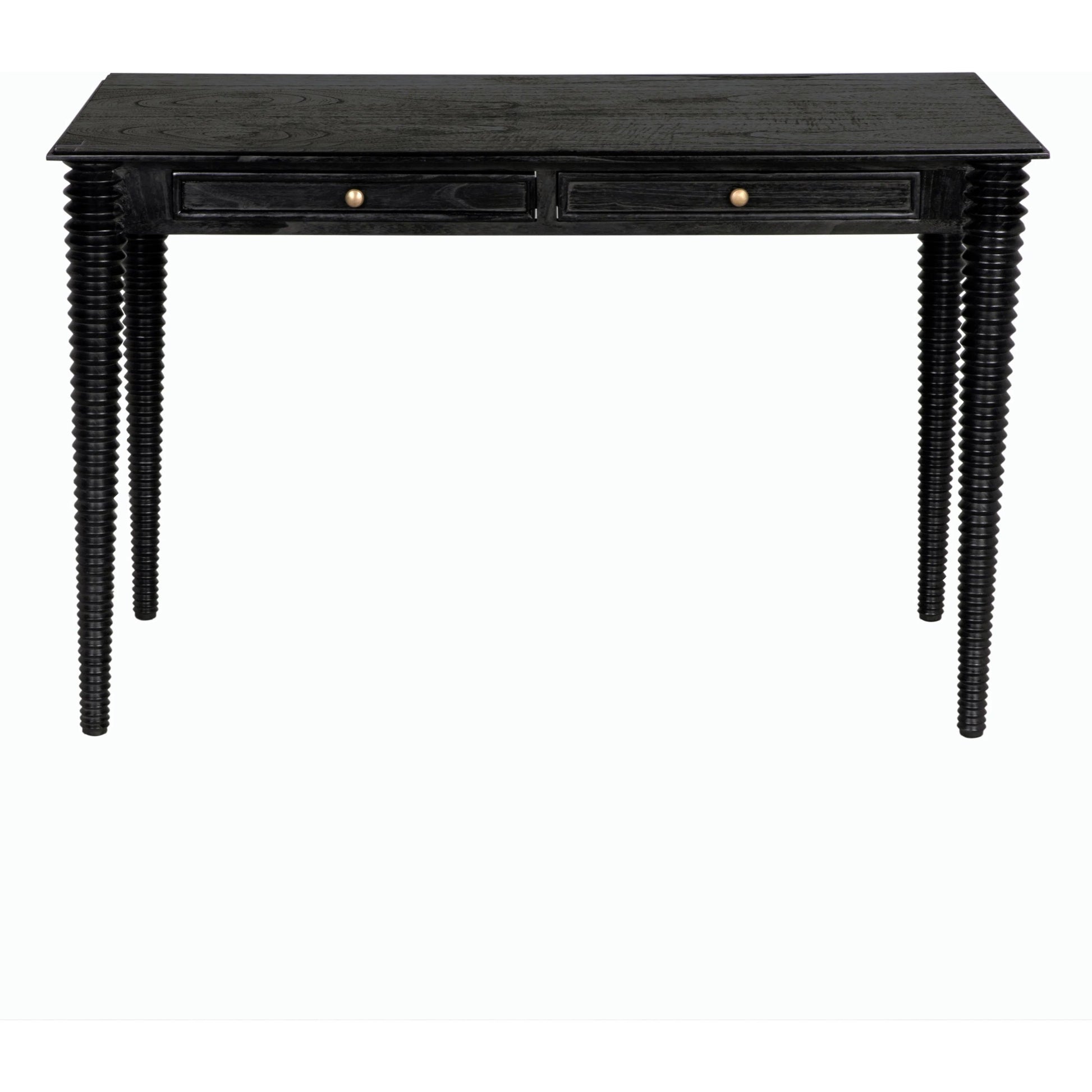Leonardo Desk by Noir in charcoal black. Made from mindi with brass pulls in a modern style.