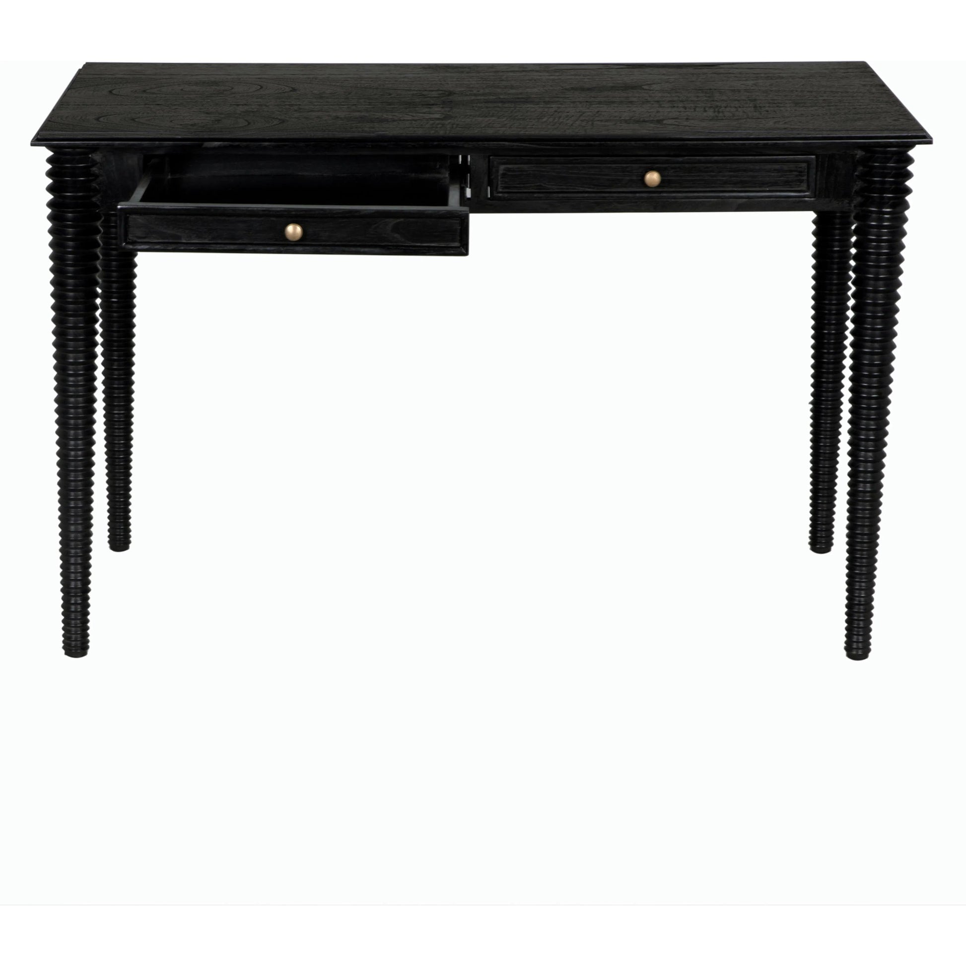 Leonardo Desk by Noir in charcoal black. Made from mindi with brass pulls in a modern style.
