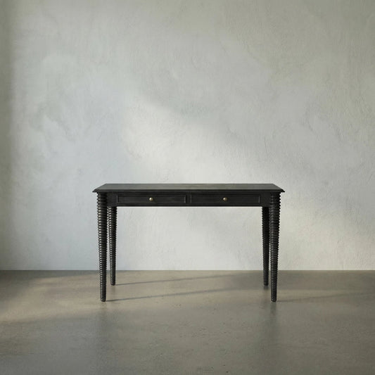 Leonardo Desk by Noir in charcoal black. Made from mindi with brass pulls in a modern style.