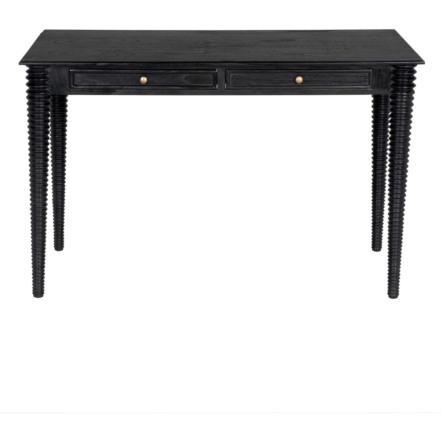 001 SI-2130205 | Primary Silo | Leonardo Desk by Noir in charcoal black. Made from mindi with brass pulls in a modern style.