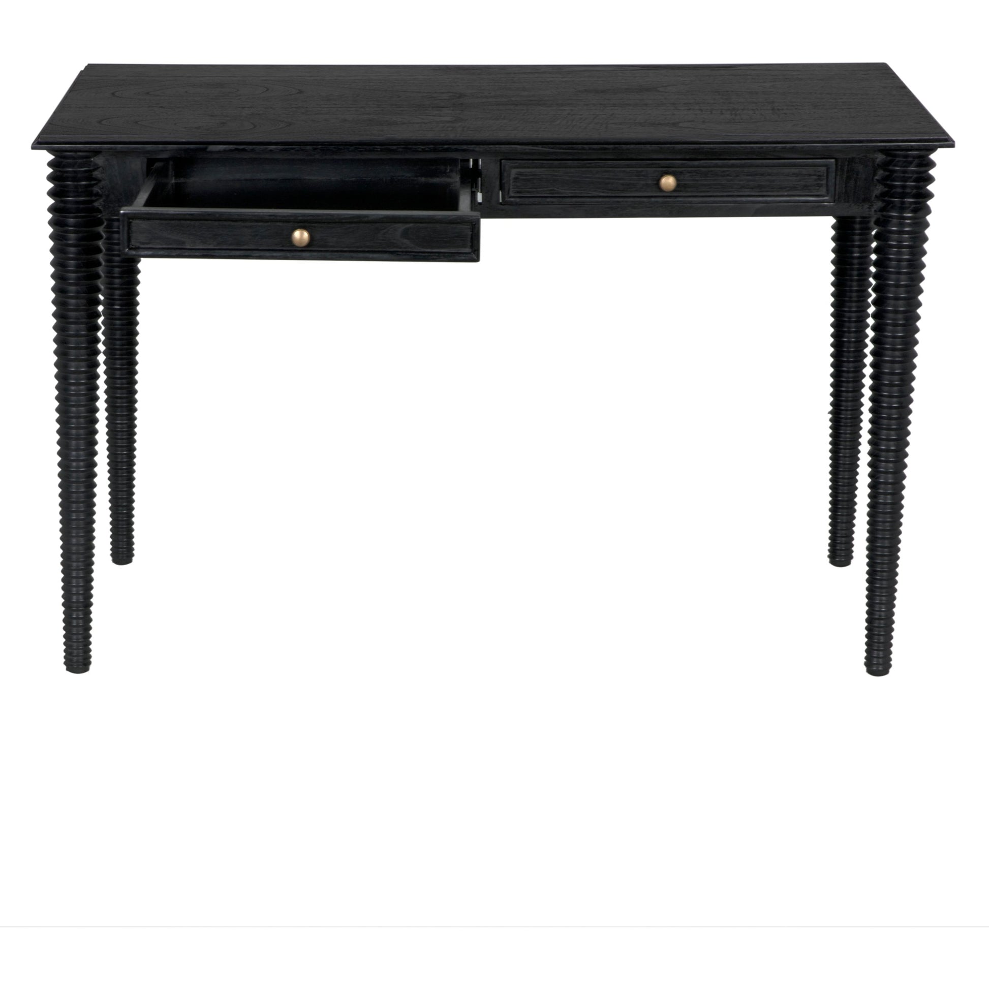 Leonardo Desk by Noir in charcoal black. Made from mindi with brass pulls in a modern style.