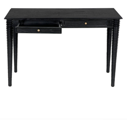 Leonardo Desk by Noir in charcoal black. Made from mindi with brass pulls in a modern style.