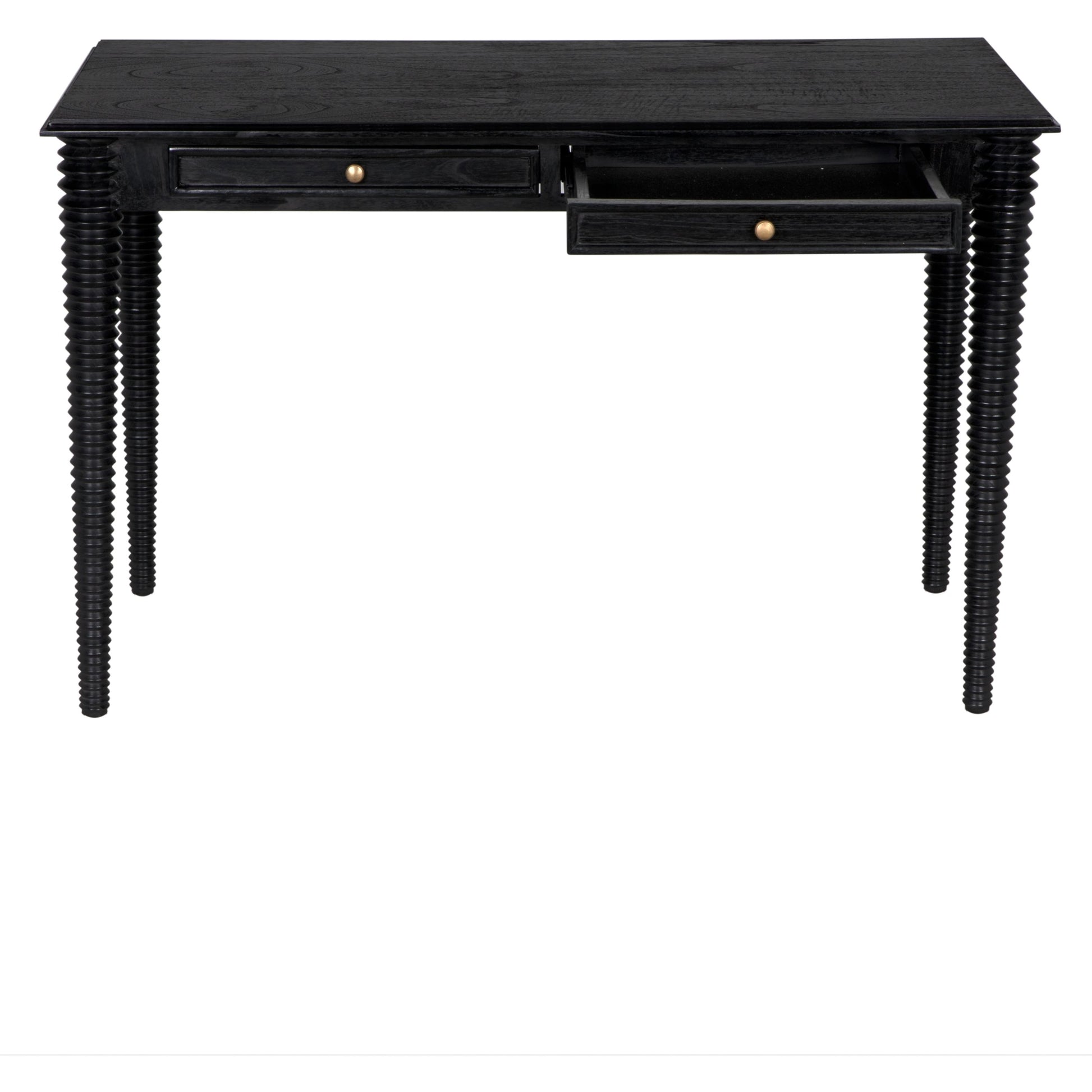 Leonardo Desk by Noir in charcoal black. Made from mindi with brass pulls in a modern style.