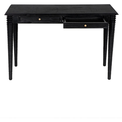 Leonardo Desk by Noir in charcoal black. Made from mindi with brass pulls in a modern style.