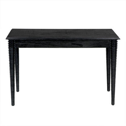 Leonardo Desk by Noir in charcoal black. Made from mindi with brass pulls in a modern style.