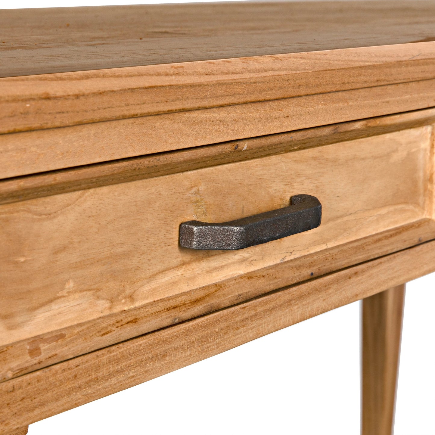 017 SI-2130189 | Closeup | Ambrose Desk by Noir in bleached teak. Made from teak with brass pulls in a cottage & farmhouse style.