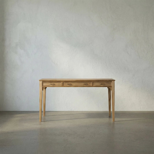 Ambrose Desk by Noir in bleached teak. Made from teak with brass pulls in a cottage & farmhouse style.